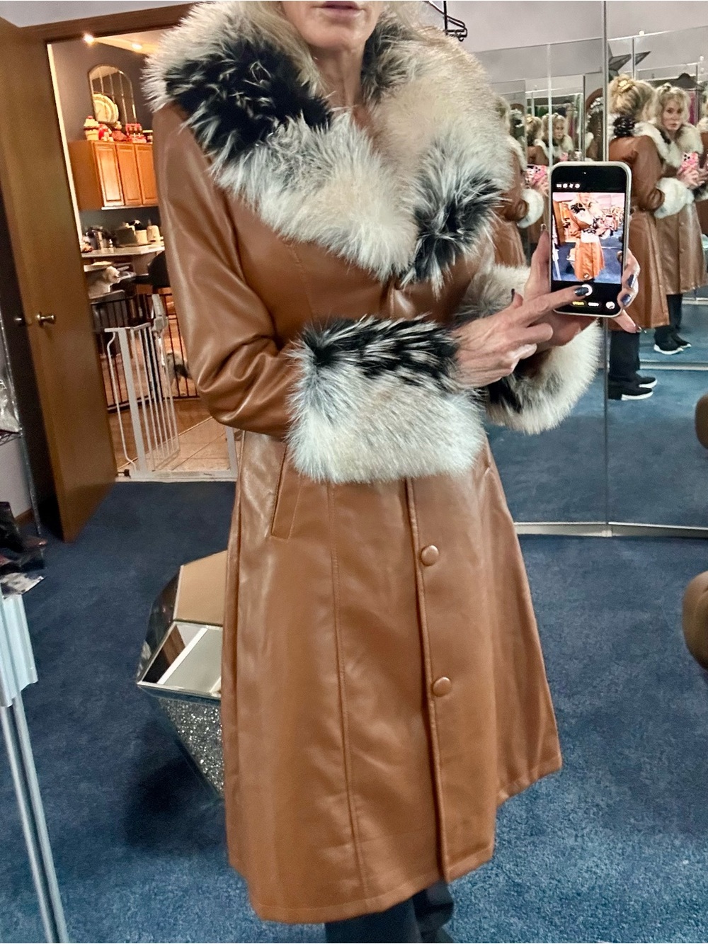 Azalea Wang Luxurious Tan Leather Coat with faux Fur Trim - Designer Style